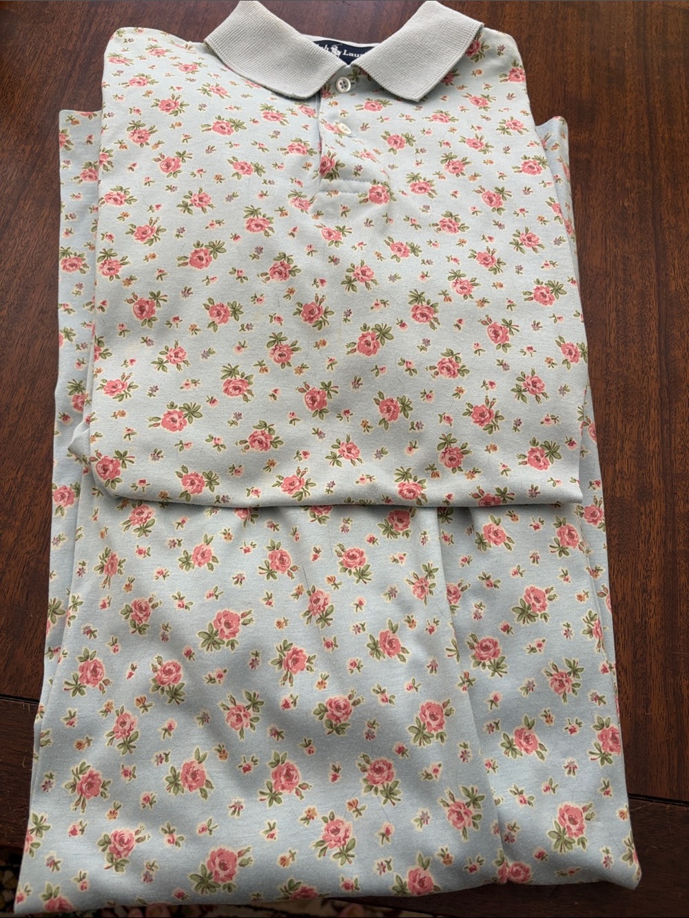 Vintage Ralph Lauren Light Blue Polo with Pink Rose Print. 2 piece skirt & top